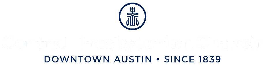 Central Presbyterian Church logo, featuring a stylized emblem and text: "Downtown Austin, Since 1839," in blue with a classic design.
