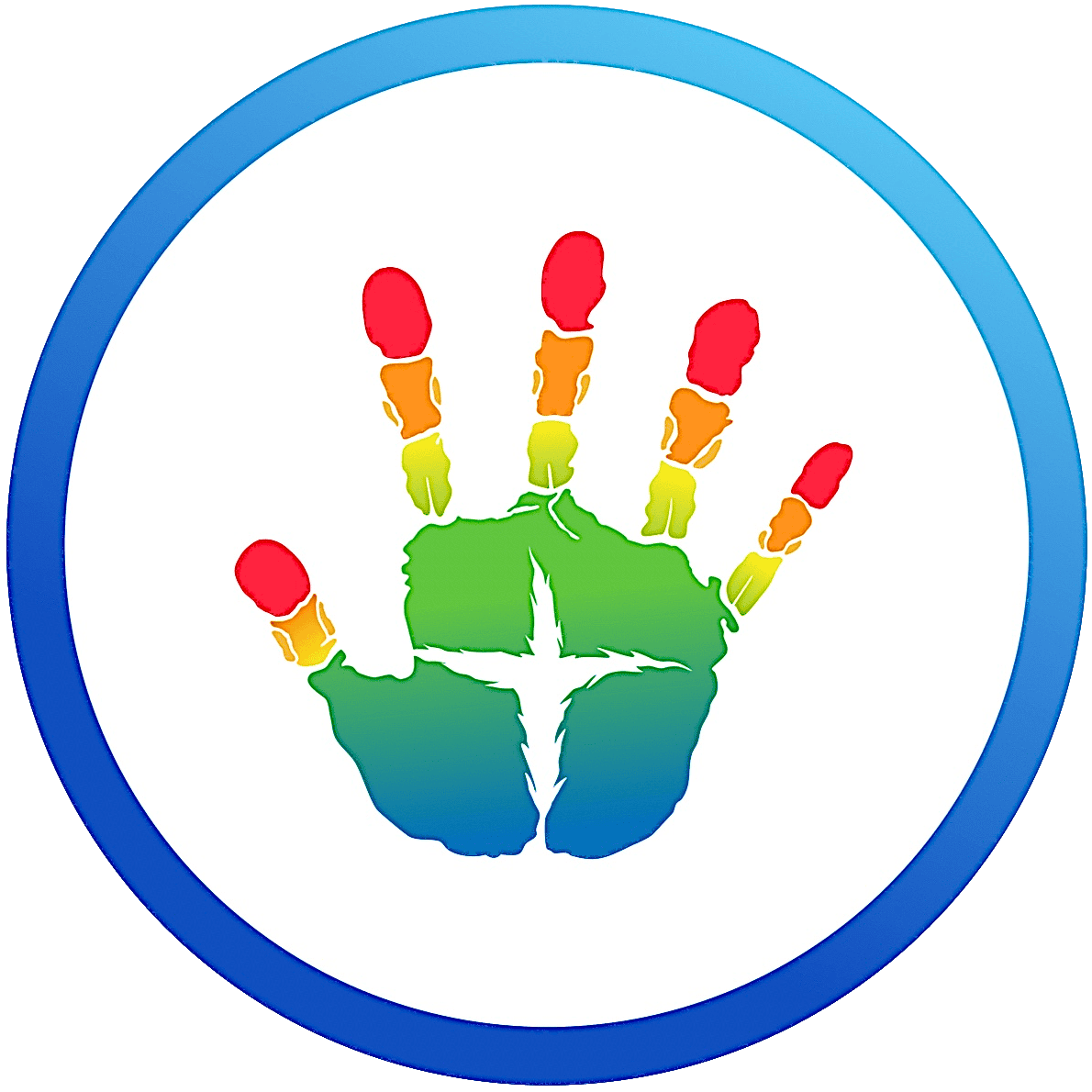 A colorful handprint with rainbow hues fills a circular frame, featuring a white cross at the center on a white background.