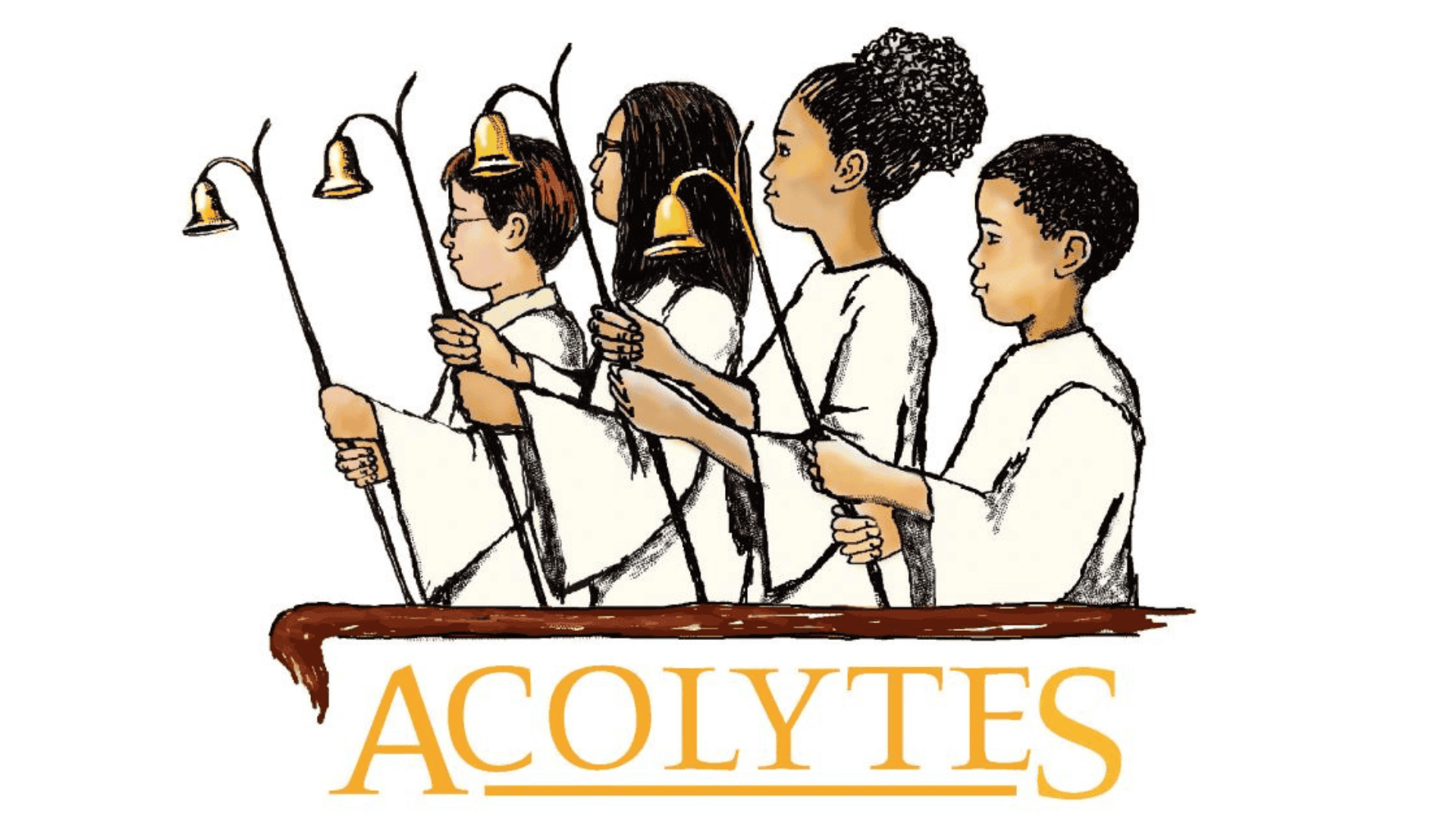 Four children in robes hold candle lighters. The word "Acolytes" in bold, decorative font is below.