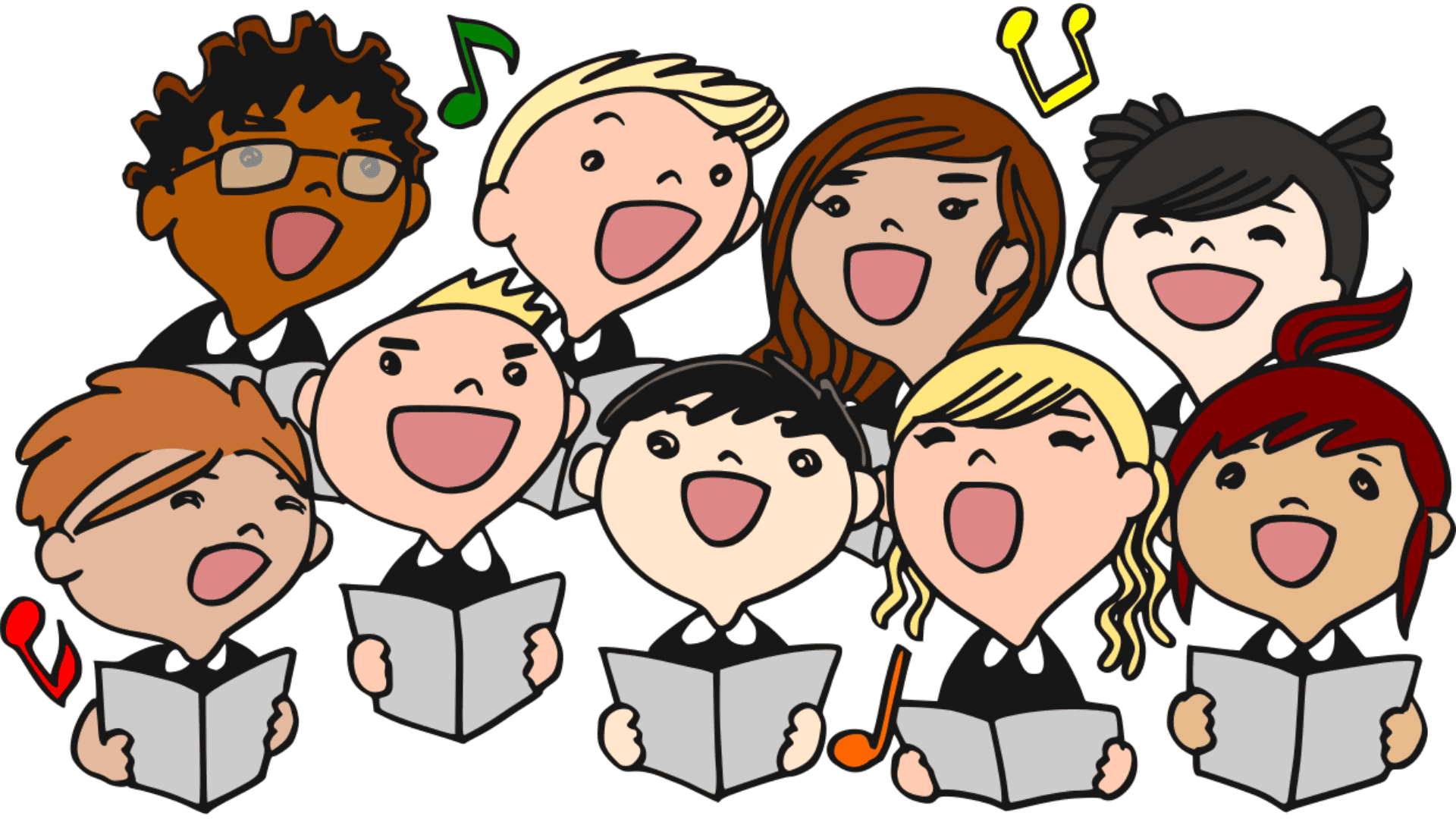A group of nine cartoon children sings enthusiastically, holding sheet music. Musical notes float around them, suggesting harmony and joy.