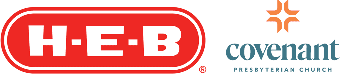 Logos of H-E-B in red and Covenant Presbyterian Church in blue, featuring a star design. Both are simple, modern, and bold.