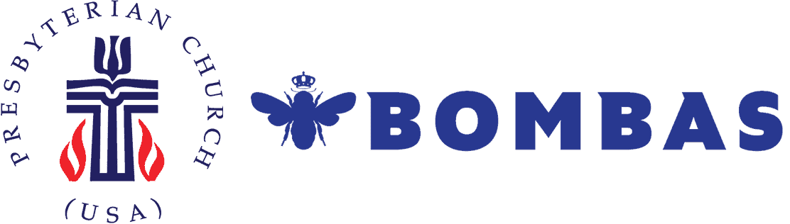Logos of Presbyterian Church (USA) featuring a cross with flames and Bombas with a bee symbol wearing a crown.