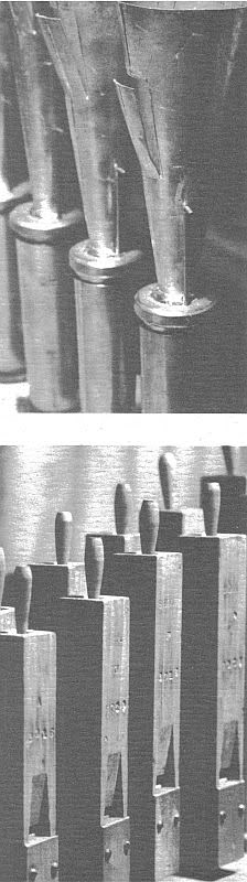 The image features close-up views of organ pipes, showcasing their intricate metallic and wooden components, highlighting craftsmanship in musical instrument design.