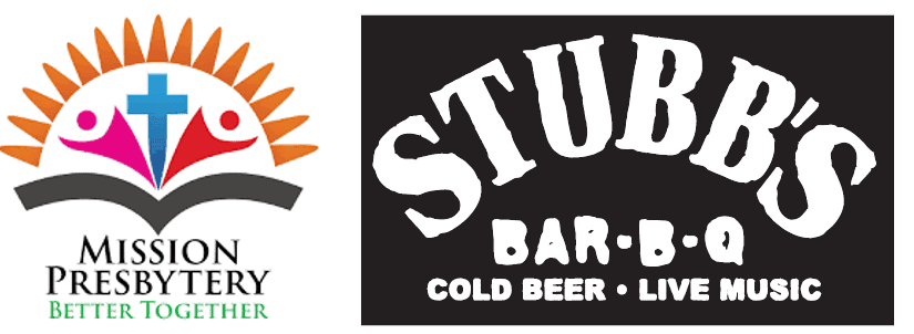 Logos for Mission Presbytery and Stubb's Bar-B-Q. Mission Presbytery features community symbolism, Stubb's Bar-B-Q highlights cold beer and live music.