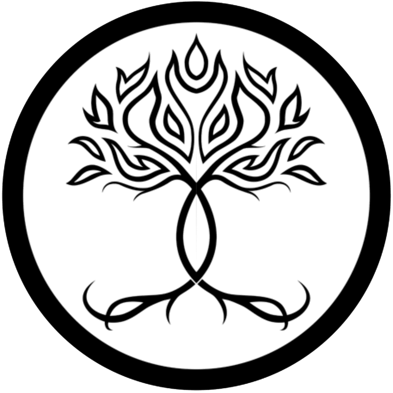 Black, artistic tree design with intertwining branches and roots in a circular frame on a white background, creating a symmetrical, tribal-style symbol.