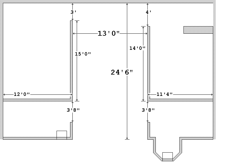 dimensions Blueprint of a room displays walls with detailed measurements, including two recessed areas and dimensions like 24'6" and 13’0". No landmarks visible.