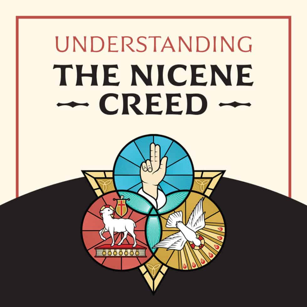 The image features "Understanding the Nicene Creed" text above symbols of a hand, lamb, and dove inside circular artistic shapes.