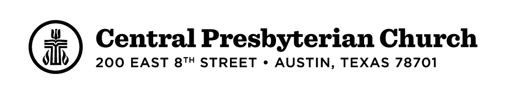 Central Presbyterian Church logo with address: 200 East 8th Street, Austin, Texas. Includes simple emblem design beside the text.