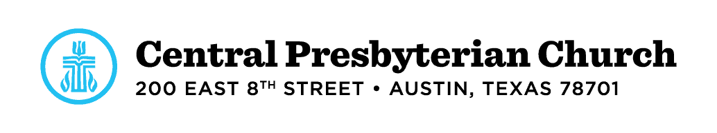 Logo for Central Presbyterian Church, located at 200 East 8th Street, Austin, Texas 78701, featuring a blue emblem on the left.