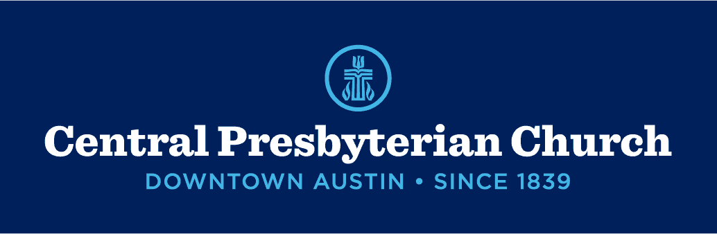 Logo for Central Presbyterian Church, Downtown Austin, established in 1839. Features church symbol on a dark blue background.