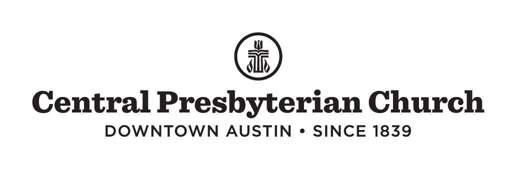 Logo of Central Presbyterian Church, Downtown Austin. Established in 1839, features a symbol with a cross and flame within a circular emblem.