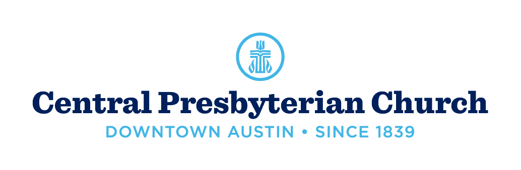 Logo of Central Presbyterian Church, Downtown Austin. Features a cross design and text indicating its establishment since 1839. Simple blue and white color scheme.