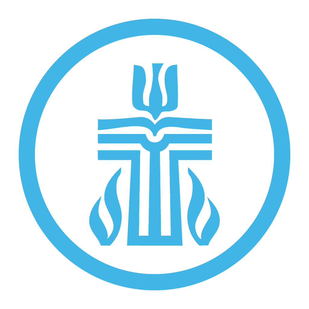 A blue emblem with a cross, book, flames, and dove, enclosed in a circle, representing religious and spiritual themes.