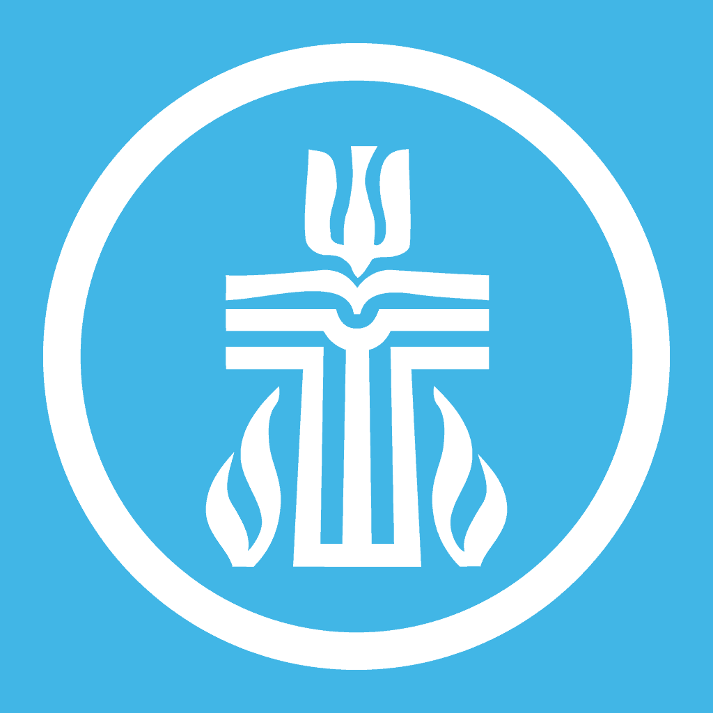 Abstract design featuring a stylized cross with a book and flames on a blue background, enclosed in a white circle.