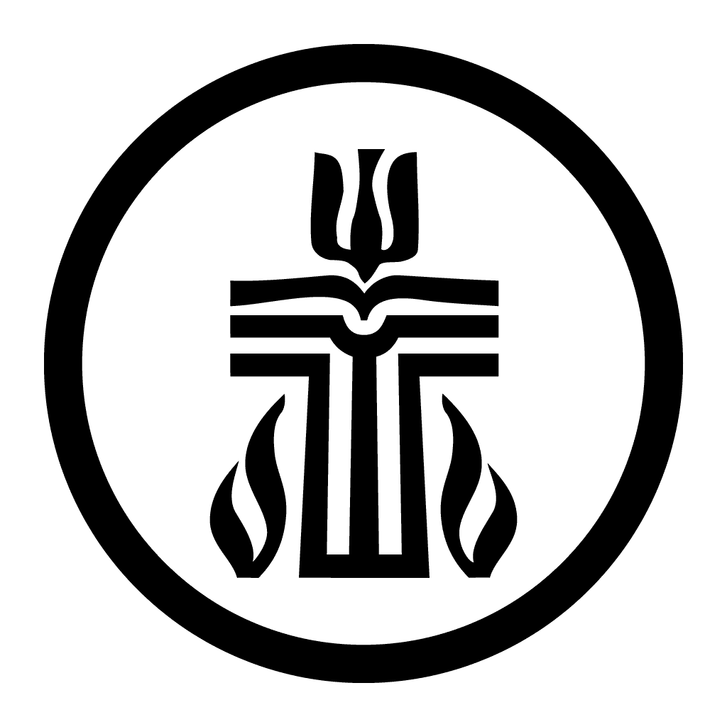 Black and white Presbyterian Church symbol featuring a cross, dove, and flames enclosed in a circle, representing faith and spirituality.