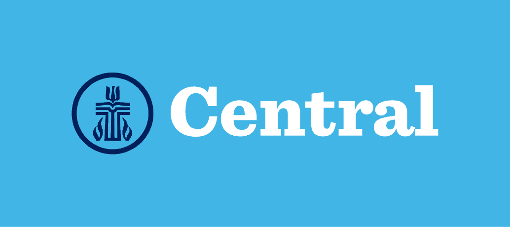 Blue background with a circular emblem featuring a cross design next to the word "Central" in bold, white font.