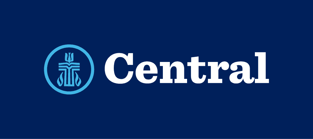 The image shows a blue and white "Central" logo with a stylized emblem, featuring abstract shapes, on a dark blue background.