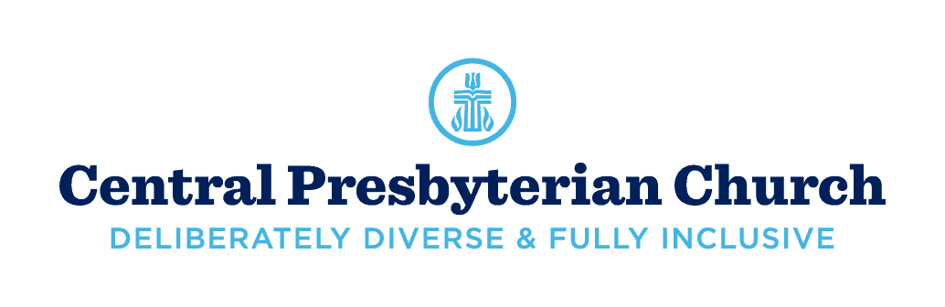 Central Presbyterian Church logo with the slogan "Deliberately Diverse & Fully Inclusive" beneath a blue symbol featuring a cross and flame.