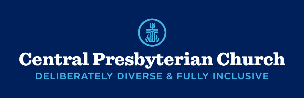 Logo of Central Presbyterian Church with tagline "Deliberately Diverse & Fully Inclusive" on a blue background, featuring a circular emblem above text.