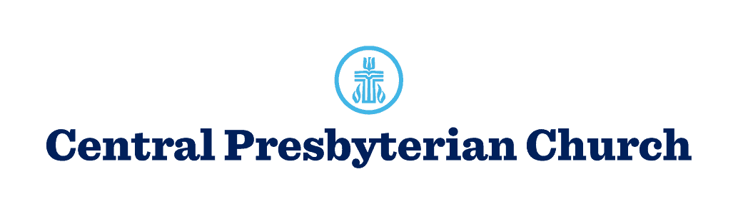 Logo of Central Presbyterian Church featuring a blue emblem with a cross and flame, accompanied by bold navy text on a white background.