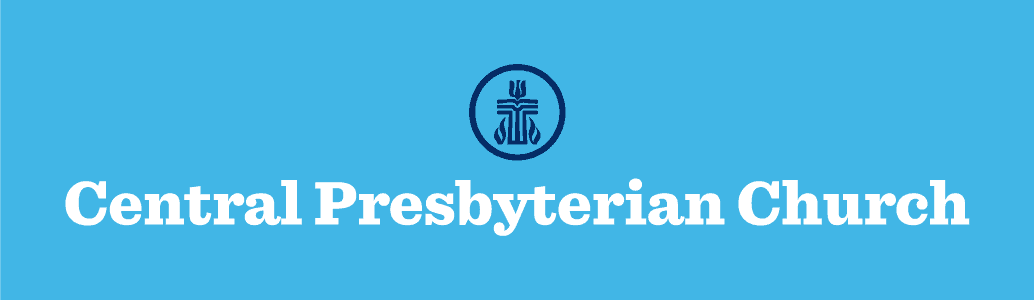 A blue background featuring the text "Central Presbyterian Church" in white, accompanied by a circular emblem with religious symbols.