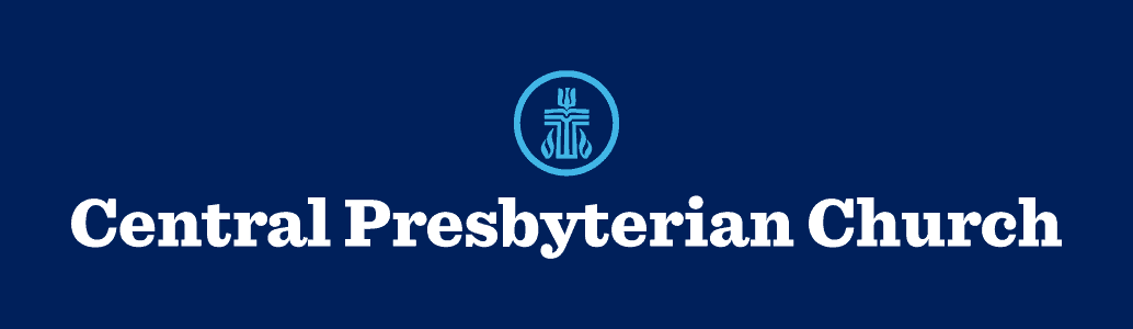 The image displays the logo of Central Presbyterian Church, featuring a stylized cross and a blue circular design on a dark blue background.