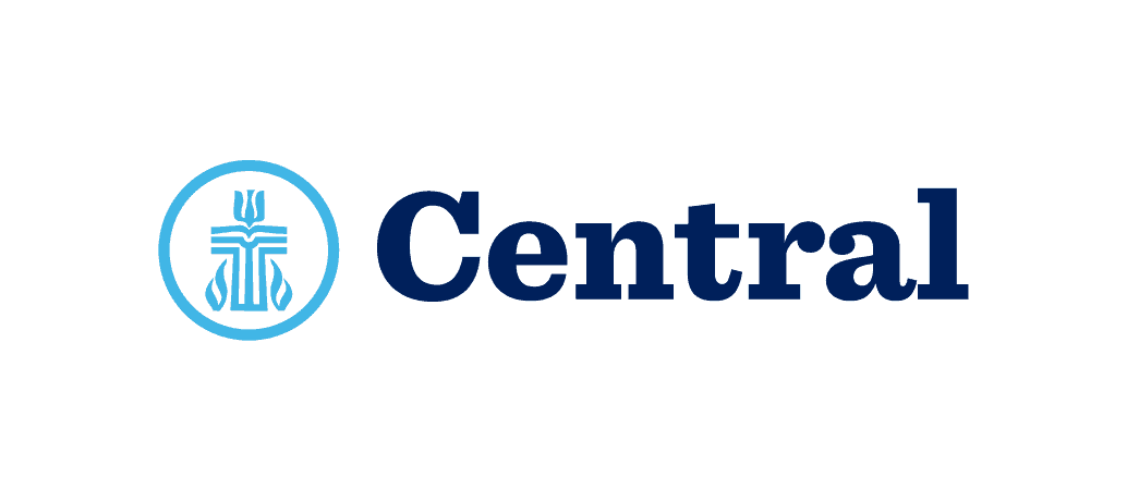 The image shows a logo with a stylized cross and flame inside a blue circle, followed by the word "Central" in bold navy font.